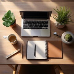 Desk Workspace- An image showcasing a neatly arranged desk with a laptop, notebook, pen