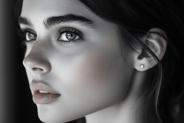 Fototapeta premium Black and white close-up of a young woman's face with a minimalist aesthetic.