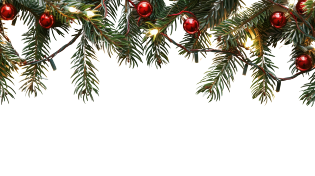 Christmas border with conifer branches and garlands of Christmas lights isolated on white background