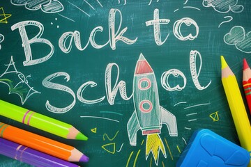 Chalkboard with "Back to School" in white chalk, featuring a rocket and childlike doodles..