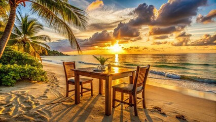 Fototapeta premium Warm golden light of a serene sunset casts a tranquil atmosphere on a rustic wooden table set amidst the soft white sands of a tropical beach.