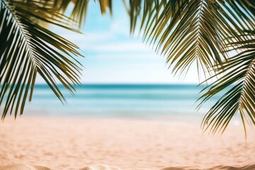 Fototapeta premium Beautiful summer background with palm leaves, sandy beach, and blurred sea view, ideal for vacation themes. Captured with a Nikon D850.
