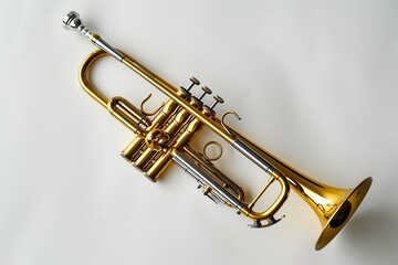 Obraz premium Bird s eye view of trumpet on white surface