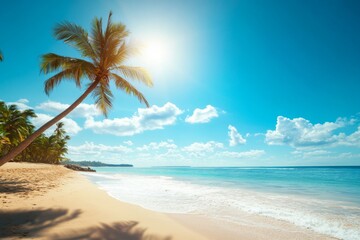 Naklejka premium Serene Tropical Beach Scene with Palm Trees, Clear Blue Sky, and Calm Ocean Waves Under the Bright Sun, Perfect for Travel Marketing and Vacation Brochures