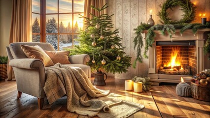 Fototapeta premium Warm sunlight illuminates a rustic living room with a crackling fireplace, plush throw blankets, and festive evergreen branches, evoking a sense of winter coziness and tranquility.