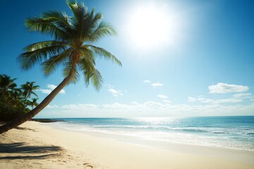 Naklejka premium Serene Tropical Beach Scene with Palm Trees, Clear Blue Sky, and Calm Ocean Waves Under the Bright Sun, Perfect for Travel Marketing and Vacation Brochures
