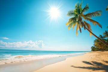 Obraz premium Serene Tropical Beach Scene with Palm Trees, Clear Blue Sky, and Calm Ocean Waves Under the Bright Sun, Perfect for Travel Marketing and Vacation Brochures