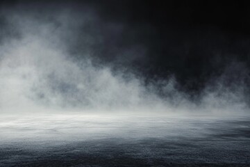 Fototapeta premium Abstract Dark Background with Smoke and Fog on Empty Concrete Floor, Ideal for Product Presentation or Mockup Template, High-Resolution Panoramic Banner Design