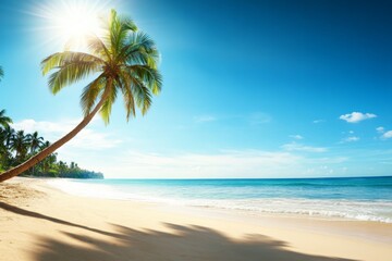 Obraz premium Serene Tropical Beach Scene with Palm Trees, Clear Blue Sky, and Calm Ocean Waves Under the Bright Sun, Perfect for Travel Marketing and Vacation Brochures