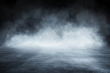 Fototapeta premium Abstract Dark Background with Smoke and Fog on Empty Concrete Floor, Ideal for Product Presentation or Mockup Template, High-Resolution Panoramic Banner Design