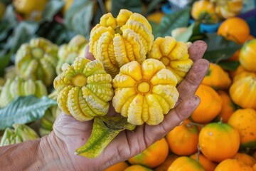 Buddha sells fingered citron fruit in Fuerteventura Spain market