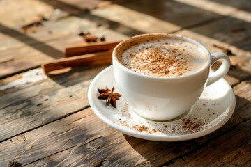 Cappuccino with cinnamon dust on a wooden table in a simple white cup