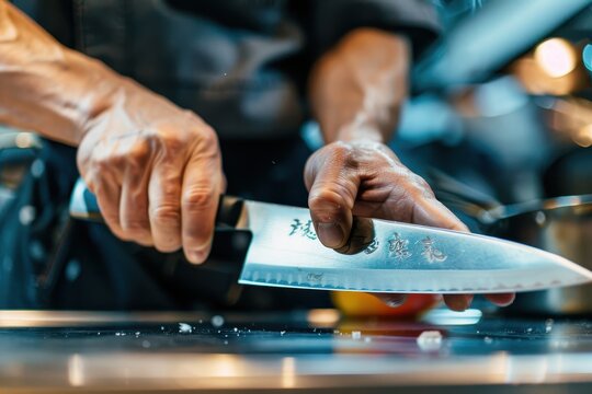 Chef using honing steel to sharpen knife