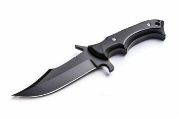 Obraz premium Contemporary hunting knife with black blade rubber handle and steel arms isolated on white background