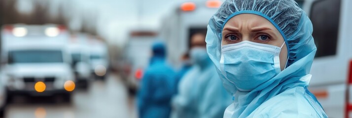 Healthcare professionals in protective masks and gear stand ready as ambulances fill the area, addressing ongoing health emergencies. Generative AI