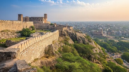 Fototapeta premium Majestic view of the ancient fort overlooking the city at sunset