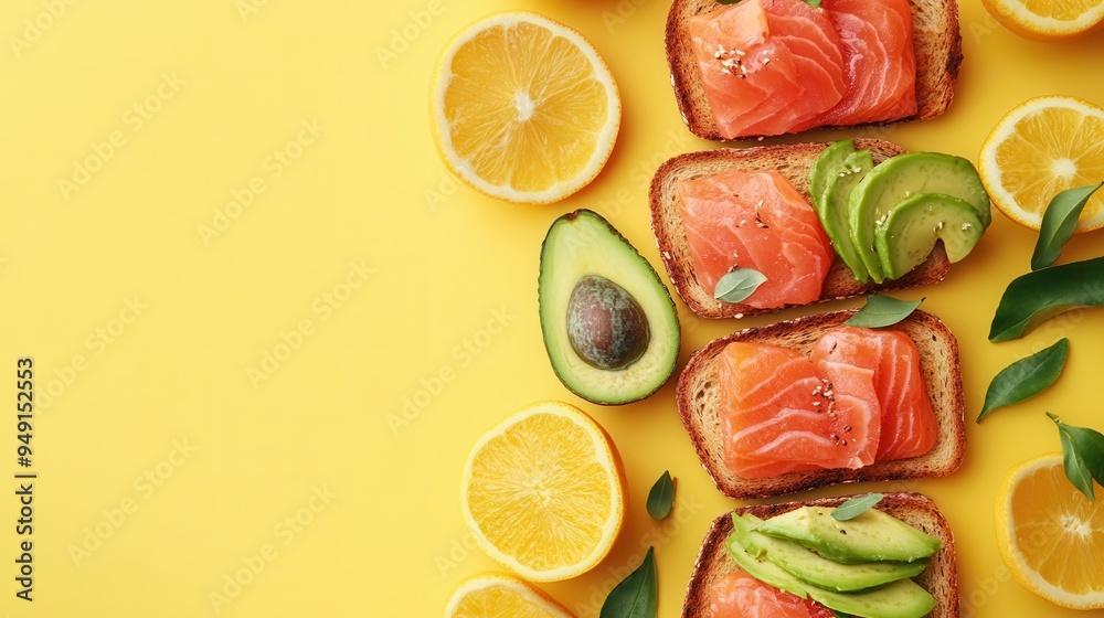 Poster Enjoy a nutritious breakfast featuring avocado toast topped with salmon slices and fresh citrus fruit arranged on a vibrant yellow backdrop. Generative AI