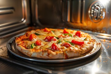 Frozen pizza microwaved Junk food concept Selective focus