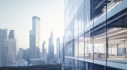 Panoramic view of a modern office building with glass walls and contemporary architecture against a cityscape, featuring clear skies and soft lighting for a futuristic feel.