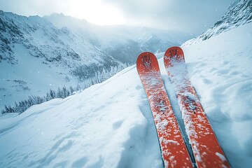 A pair of skis rest on a snowy mountainside, capturing the solitude and beauty of skiing.