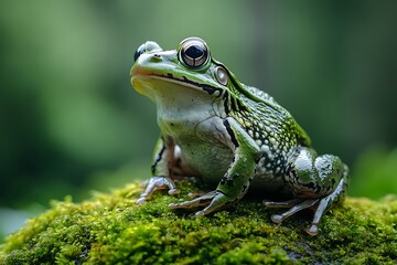 Fototapeta premium A solitary frog finds peace on a mossy log in a tranquil swamp.