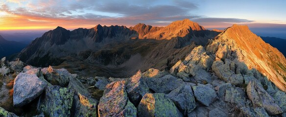 Panoramic view of the Tatra Mountains at sunset, showcasing rugged peaks, craggy cliffs, and dramatic rocky terrain.