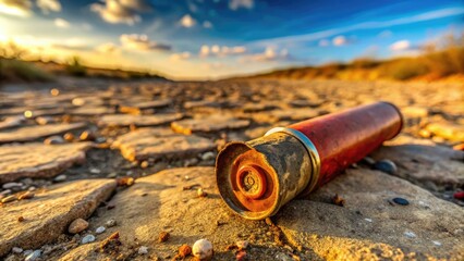 Obraz premium Weathered, rusty, and worn, an old shotgun shell lies abandoned on a dusty, sun-baked terrain, its faded label and corroded metal telling a story of past hunts.