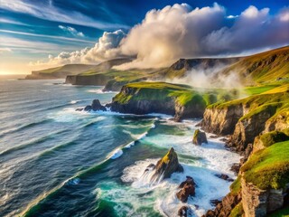Fototapeta premium Fresh mist lifts off the rugged coastline of Ireland's Wild Atlantic Way.