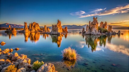 Naklejka premium Morning tranquility on the shores of a saline lake with unique tufa formations, Lake Mono, California, USA.