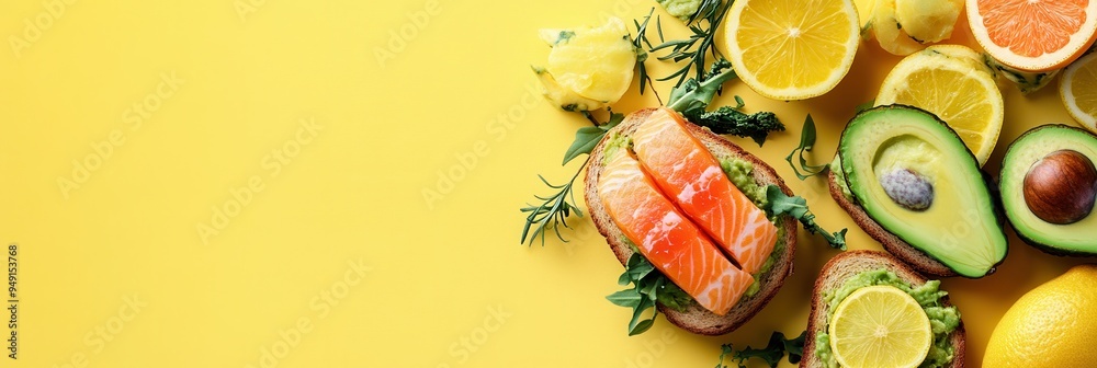 Poster a vibrant breakfast arrangement showcases avocado toast topped with salmon alongside fresh citrus li