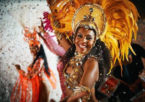 Carnival, dance and portrait of latino woman for culture, performance or tradition at festival. Brazil, samba and smile of happy person in costume at Rio de Janeiro for celebration, concert or party