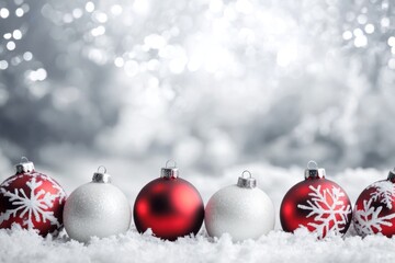 Festive Christmas backdrop with red ornaments and white snowflakes on a blurred silver background, featuring delicate frost and symmetrical design for a magical holiday atmosphere.