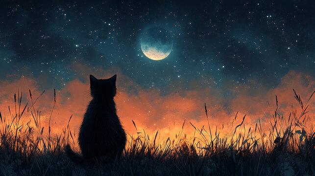 A black cat gazes at the moon in a mysterious and enchanting illustration, suitable for Halloween-themed designs and fantasy-themed content.