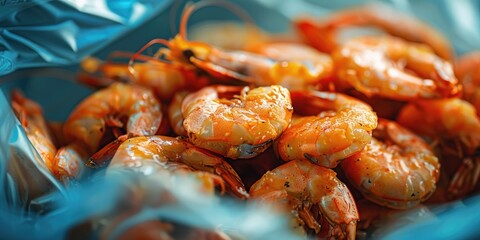 Close up of precooked and frozen shrimp in a blue plastic bag Freeze dried seafood Selective focus