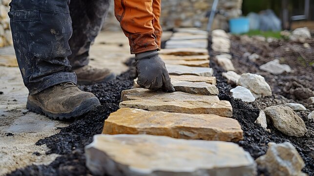 High-detail shot of a construction worker installing edging around a stone garden bed, with attention to the stability of the structure over time