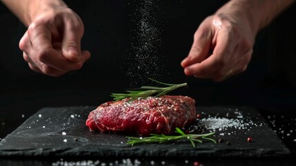 Fresh raw meat on a black slate. Hands sprinkle salt and herbs over the steak. A vibrant culinary scene perfect for cooking enthusiasts. The focus is on flavor and preparation. AI