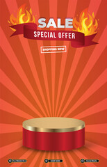 hot sale special offer discount portait template banner with blank space 3d podium for social media post product sale with abstract gradient red background design13
