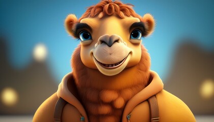 Naklejka premium A cheerful camel mascot, styled as a cartoon character, standing upright like a human, with 