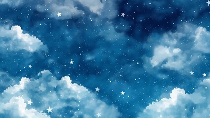 Watercolor painting texture background of night sky with clouds and stars