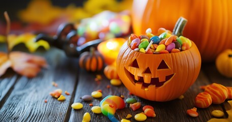 Bonbons d'Halloween dans une citrouille illuminée pour une ambiance effrayante