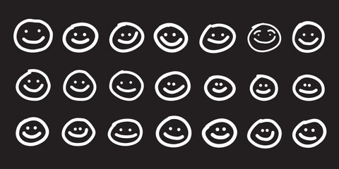 Set of emoticons. Hand drawn cute cartoon smiley emoticons. Sketches of decorative icons. Vector illustration.