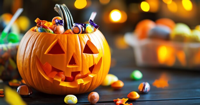 Bonbons d'Halloween dans une citrouille illumin&eacute;e pour une ambiance effrayante