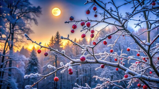 winter berries dripping with icy condensation glisten brightly amidst bare branches and rustling leaves 