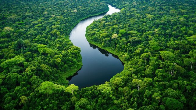 Aerial view of the Amazon River winding through the dense, green expanse of the forest, surrounded by thick vegetation and towering trees.