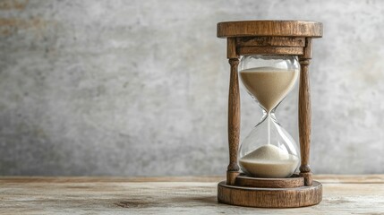 Classic hourglass with sand trickling down, placed on a wooden surface against a neutral background, symbolizing the passage of time.