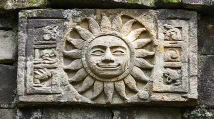 Inca sun god symbol carved into stone, representing the deep spiritual beliefs of the ancient civilization.