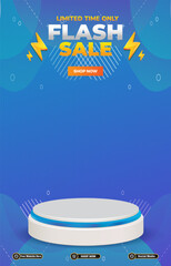 limited flash sale discount portait template banner with blank space 3d podium for social media post product sale with abstract gradient blue background design 3