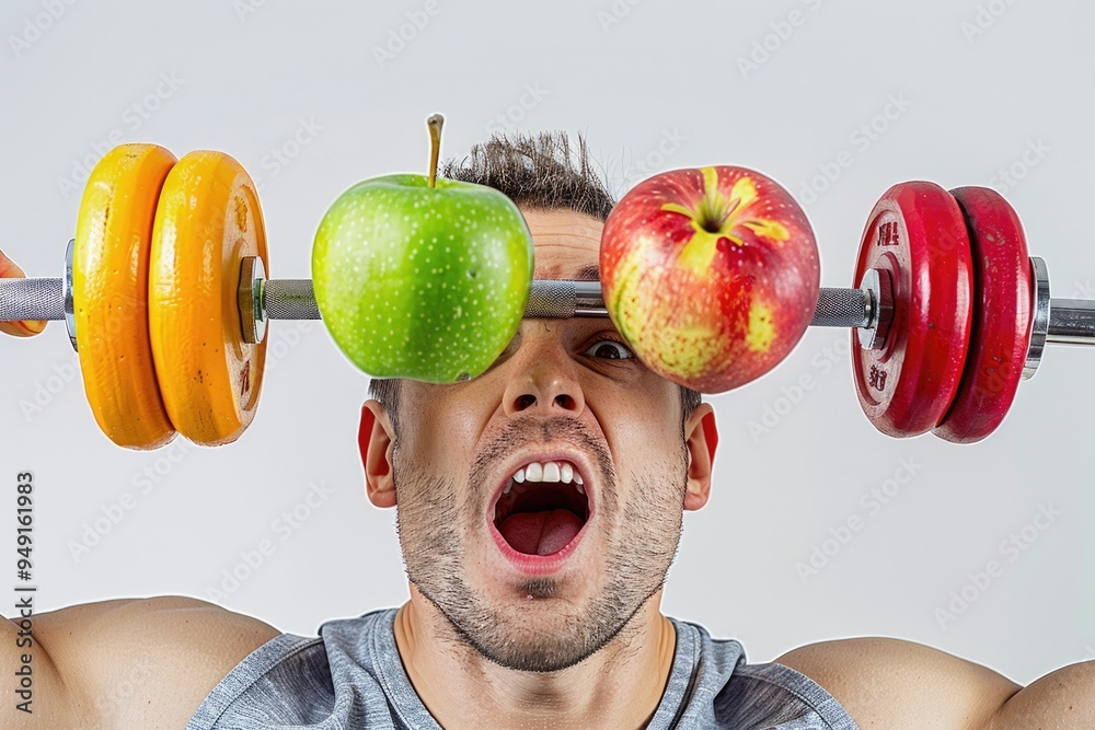 Aufkleber a person exercising with a unique accessory, featuring apples and oranges on their head