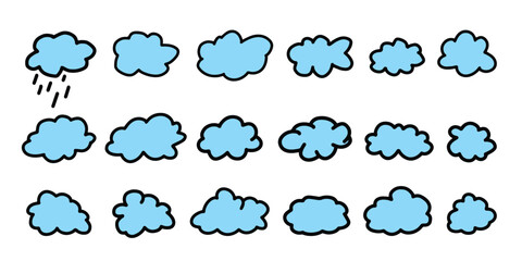 Clouds set. Hand drawn cute cartoon clouds. Sketches of decorative icons. Vector illustration.