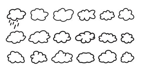 Clouds set. Hand drawn cute cartoon clouds. Sketches of decorative icons. Vector illustration.